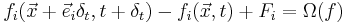 f_i(\vec{x}%2B\vec{e}_i\delta_t,t%2B\delta_t)-f_i(\vec{x},t) %2B F_i=\Omega(f)