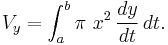 V_{y} = \int_a^b \pi \, \, x^2 \, \frac{dy}{dt} \, dt .