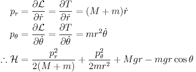 
\begin{align}
p_r &= \frac{\partial{\mathcal{L}}}{\partial \dot{r}} = \frac{\partial T}{\partial \dot{r}} = (M%2Bm)\dot{r}\\
p_\theta &= \frac{\partial {\mathcal{L}}}{\partial \dot{\theta}} = \frac{\partial T}{\partial \dot{\theta}} = mr^2 \dot{\theta}\\
\therefore \mathcal{H} &= \frac{p_r^2}{2(M%2Bm)} %2B \frac{p_\theta^2}{2mr^2} %2B Mgr - mgr \cos{\theta}
\end{align}
