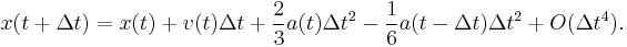 x(t%2B\Delta t) = x(t) %2B v(t) \Delta t %2B \frac{2}{3}a(t) \Delta t^2 - \frac{1}{6} a(t - \Delta t) \Delta t^2 %2B O( \Delta t^4).