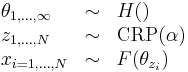 
\begin{array}{lcl}
\theta_{1,\dots,\infty} &\sim& H() \\
z_{1,\dots,N} &\sim& \operatorname{CRP}(\alpha) \\
x_{i=1,\dots,N} &\sim& F(\theta_{z_i})
\end{array}
