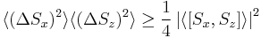 
\lang (\Delta S_x)^2 \rang \lang (\Delta S_z)^2 \rang \ge 
\frac{1}{4} \left|\lang \left[ S_x, S_z\right] \rang \right|^2
