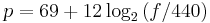 
p = 69 %2B 12\log_2 {(f/440)}
