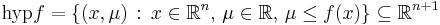 \mbox{hyp} f = \{ (x, \mu) \,�: \, x \in \mathbb{R}^n,\, \mu \in \mathbb{R},\, \mu \le f(x) \} \subseteq \mathbb{R}^{n%2B1}