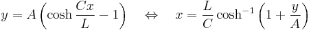 y = A \left( \cosh \frac {Cx}{L} - 1 \right) \quad\Leftrightarrow\quad x = \frac {L}{C} \cosh^{-1} \left( 1 %2B \frac {y}{A} \right)