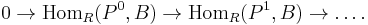 0\rightarrow\operatorname{Hom}_R(P^0,B)\rightarrow 
\operatorname{Hom}_R(P^1,B) \rightarrow \dots.