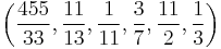 \left( \frac{455}{33}, \frac{11}{13}, \frac{1}{11}, \frac{3}{7}, \frac{11}{2}, \frac{1}{3} \right)