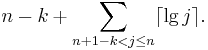 n - k %2B \sum_{n%2B1-k < j \leq n} \lceil{\operatorname{lg}\, j}\rceil.