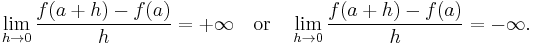 \lim_{h\to 0}\frac{f(a%2Bh) - f(a)}{h} = {%2B\infty}\quad\text{or}\quad\lim_{h\to 0}\frac{f(a%2Bh) - f(a)}{h} = {-\infty}.