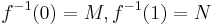 f^{-1}(0) = M, f^{-1}(1) = N