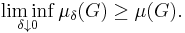 \liminf_{\delta \downarrow 0} \mu_{\delta} (G) \geq \mu(G).