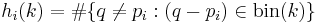 h_i(k) = \#\{q \ne p_i �:  (q - p_i) \in \mbox{bin}(k)\}