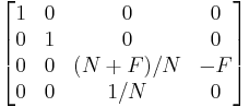 
\begin{bmatrix}
1 & 0 & 0 & 0 \\
0 & 1 & 0 & 0 \\
0 & 0 & (N%2BF)/N & -F \\
0 & 0 & 1/N & 0 
\end{bmatrix}
