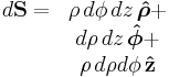 \begin{matrix}
d\mathbf{S} = & \rho\, d\phi\, dz\,\boldsymbol{\hat \rho} %2B \\ 
& d\rho \,dz\,\boldsymbol{\hat \phi} %2B \\ 
& \rho \,d\rho d\phi \,\mathbf{\hat z}
\end{matrix}