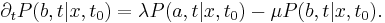 \partial_t P(b, t|x, t_0)=\lambda P(a, t|x, t_0)-\mu P(b, t|x, t_0).