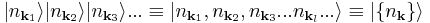 |n_{{\mathbf{k}}_{1}}\rangle |n_{{\mathbf{k}}_{2}}\rangle |n_{{\mathbf{k}}_{3}}\rangle... \equiv |n_{{\mathbf{k}}_{1}}, n_{{\mathbf{k}}_{2}} ,n_{{\mathbf{k}}_{3}}...n_{{\mathbf{k}}_{l}}...\rangle \equiv |\{n_{\mathbf{k}}\}\rangle  