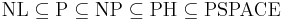 \mbox{NL} \subseteq \mbox{P} \subseteq \mbox{NP} \subseteq \mbox{PH} \subseteq \mbox{PSPACE}