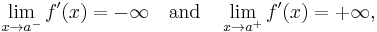 \lim_{x \to a^-} f'(x) = {-\infty} \quad \text{and} \quad \lim_{x \to a^%2B} f'(x) = {%2B\infty}\text{,}