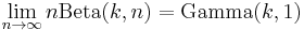 \lim_{n \to \infty} n {\rm Beta}(k,n) = \textrm{Gamma}(k,1 ) \,