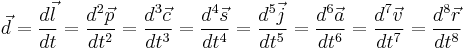 \vec d=\frac {d \vec l} {dt}=\frac {d^2 \vec p} {dt^2}=\frac {d^3 \vec c} {dt^3}=\frac {d^4 \vec s} {dt^4}=\frac {d^5 \vec j} {dt^5}=\frac {d^6 \vec a} {dt^6}=\frac {d^7 \vec v} {dt^7}=\frac {d^8 \vec r} {dt^8}