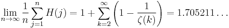 
\lim_{n \to \infty} \frac{1}{n} \sum_{j=1}^n H(j) = 1%2B\sum_{k=2}^\infty \left(1-\frac{1}{\zeta(k)}\right) 
= 1.705211\dots \,
