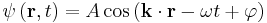 \psi \left({\mathbf r}, t \right) = A \cos \left({\mathbf k} \cdot {\mathbf r} - \omega t %2B \varphi \right)