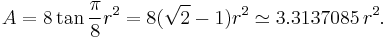 A = 8 \tan \frac{\pi}{8} r^2 = 8(\sqrt{2}-1)r^2 \simeq 3.3137085\,r^2.