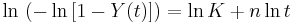 \ln\, {(-\ln {[1-Y(t)]})}=\ln K%2Bn\ln t  \,\!