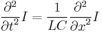 
\frac{\partial^2}{{\partial t}^2} I =
\frac{1}{LC} \frac{\partial^2}{{\partial x}^2} I
