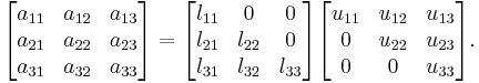 
        \begin{bmatrix}
           a_{11} & a_{12} & a_{13} \\
           a_{21} & a_{22} & a_{23} \\
           a_{31} & a_{32} & a_{33} \\
        \end{bmatrix} =
      \begin{bmatrix}
           l_{11} & 0 & 0 \\
           l_{21} & l_{22} & 0 \\
           l_{31} & l_{32} & l_{33} \\
        \end{bmatrix}
        \begin{bmatrix}
           u_{11} & u_{12} & u_{13} \\
           0 & u_{22} & u_{23} \\
           0 & 0 & u_{33} \\
        \end{bmatrix}.
