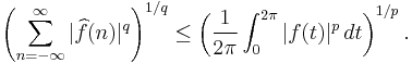 \left(\sum_{n=-\infty}^{\infty}|\widehat{f}(n)|^q\right)^{1/q}\leq
\left( \frac{1}{2\pi}\int_0^{2\pi}|f(t)|^p\,dt\right)^{1/p}.