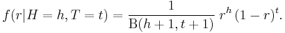 f(r | H=h, T=t) = \frac{1}{\mathrm{B}(h%2B1,t%2B1)} \; r^h\,(1-r)^t. \!