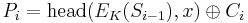 P_i = \mbox{head}(E_K (S_{i-1}), x) \oplus C_i