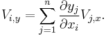 V_{i,y} = \sum_{j=1}^n \frac{\partial y_j}{\partial x_i} V_{j,x}.