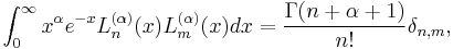 \int_0^\infty x^\alpha e^{-x} L_n^{(\alpha)}(x)L_m^{(\alpha)}(x)dx=\frac{\Gamma(n%2B\alpha%2B1)}{n!} \delta_{n,m},