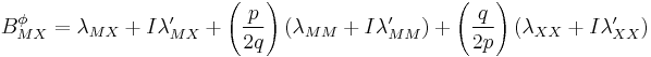 B^\phi_{MX}=\lambda_{MX}%2BI\lambda'_{MX}
%2B\left(\frac{p}{2q}\right)\left(\lambda_{MM}%2BI\lambda'_{MM}\right)%2B\left(\frac{q}{2p}\right)\left(\lambda_{XX}%2BI\lambda'_{XX}\right)