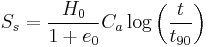 S_s=\frac{H_0}{1%2Be_0} C_{a} \log \left( \frac {t} {t_{90} } \right) \ 