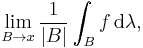 \lim_{B \rightarrow x} \frac{1}{|B|} \int_{B}f \, \mathrm{d}\lambda,