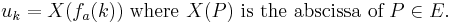  u_{k} = X (f_{a}(k))\; \mbox{where } X (P) \mbox{ is the abscissa of}\; P \in E. 