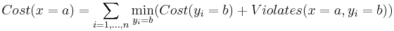 Cost(x=a) = \sum_{i=1,\ldots,n} \min_{y_i=b} ( Cost(y_i=b) %2B Violates(x=a, y_i=b) ) 