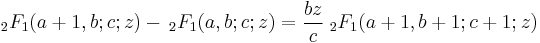  \; {}_2F_1(a%2B1,b;c;z)- \, {}_2F_1(a,b;c;z) = \frac{bz}{c} \; {}_2F_1(a%2B1,b%2B1;c%2B1;z)