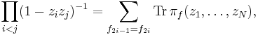 \prod_{i<j} (1-z_iz_j)^{-1} =  \sum_{f_{2i-1}=f_{2i}} \mathrm{Tr}\, \pi_{f}(z_1,\ldots,z_N),