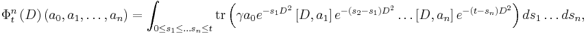 \Phi_t^n\left(D\right)\left(a_0,a_1,\ldots,a_n\right)=\int_{0\leq s_1\leq\ldots s_n\leq t}\mathrm{tr}\left(\gamma a_0 e^{-s_1 D^2}\left[D,a_1\right]e^{-\left(s_2-s_1\right)D^2}\ldots\left[D,a_n\right]e^{-\left(t-s_n\right)D^2}\right)ds_1\ldots ds_n,