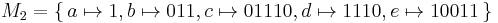 M_2 = \{\, a \mapsto 1, b \mapsto 011, c\mapsto 01110, d\mapsto 1110, e\mapsto 10011\,\}