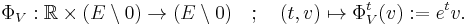 
\Phi_V:\mathbb R \times (E\setminus 0) \to (E\setminus 0) \quad�; \quad (t,v)\mapsto \Phi_V^t(v)�:= e^tv.
