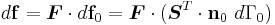 
  d\mathbf{f} = \boldsymbol{F}\cdot d\mathbf{f}_0 = \boldsymbol{F} \cdot (\boldsymbol{S}^T \cdot \mathbf{n}_0~d\Gamma_0)
