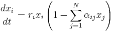 \frac{dx_i}{dt} = r_i x_i \left( 1 - \sum_{j=1}^N \alpha_{ij}x_j \right) 