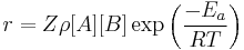 r = Z \rho [A][B] \exp \left( \frac{-E_{a}}{RT} \right)