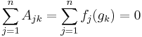 \sum_{j=1}^n A_{jk} = \sum_{j=1}^n f_j(g_k) = 0