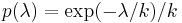 p(\lambda) = \exp(-\lambda/k)/k\,